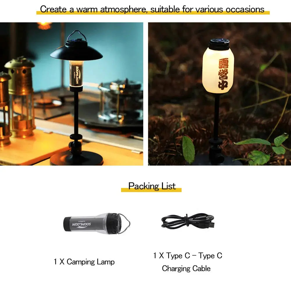 Soomloom camping lanterns by Simples Market, 5000mAh rechargeable waterproof LED lanterns; 2-way lighting with USB-C cable