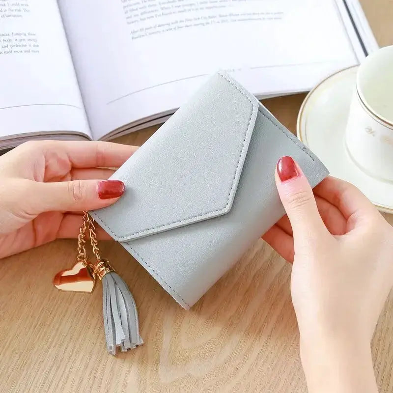 Gray PU leather short wallet with tassel charm and heart pendant, card holder pouch