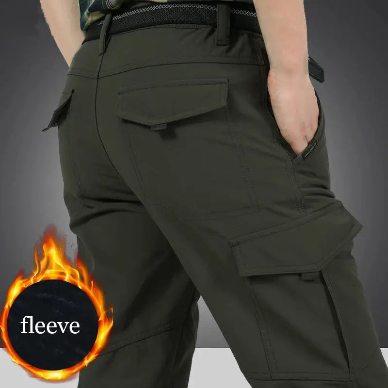 2024 outdoor work tactical pants for men, fleece-lined olive cargo trousers with multiple pockets