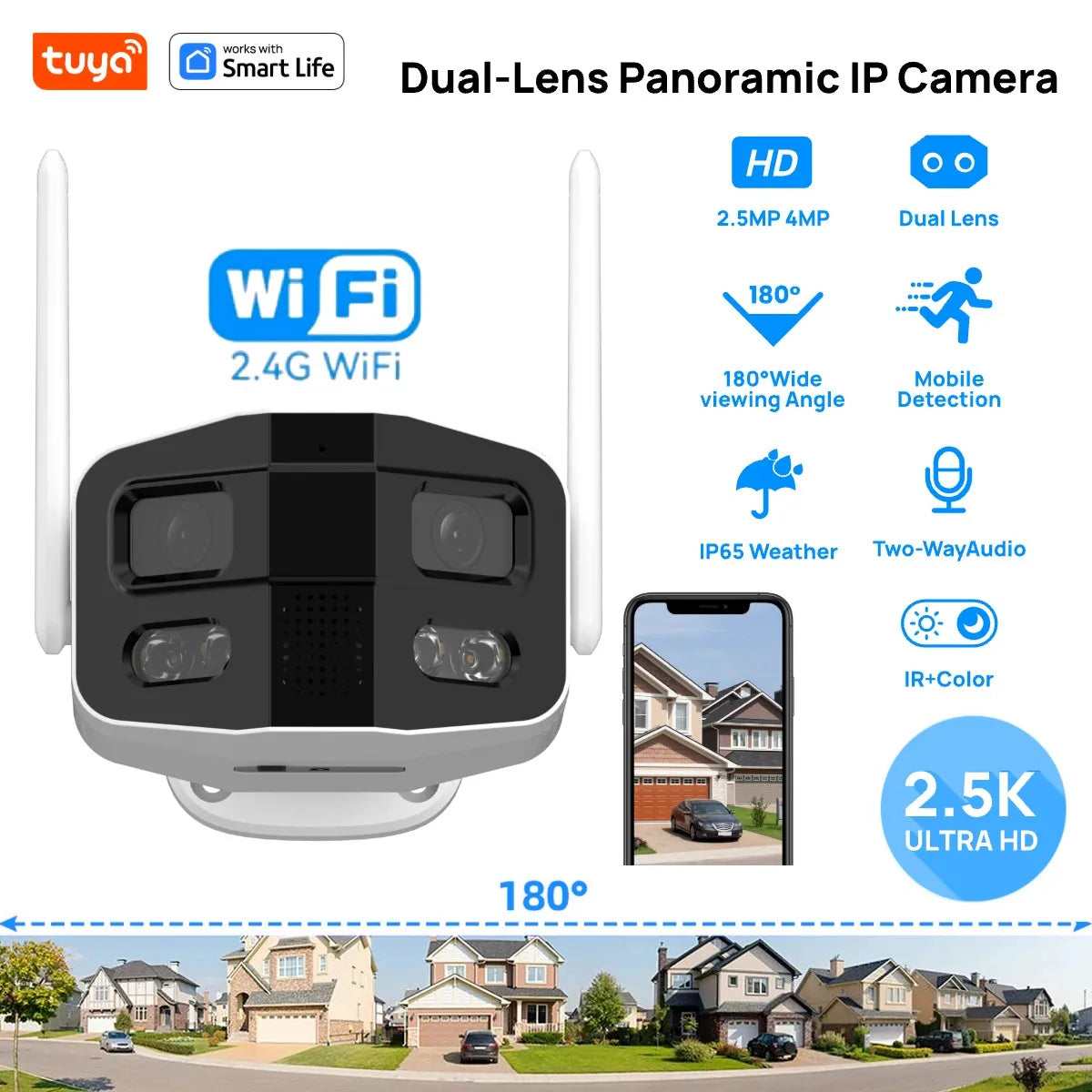 Tuya Smart 4MP 2.5K Dual-Lens Outdoor IP Camera by Simples Market with 180° view and color night vision