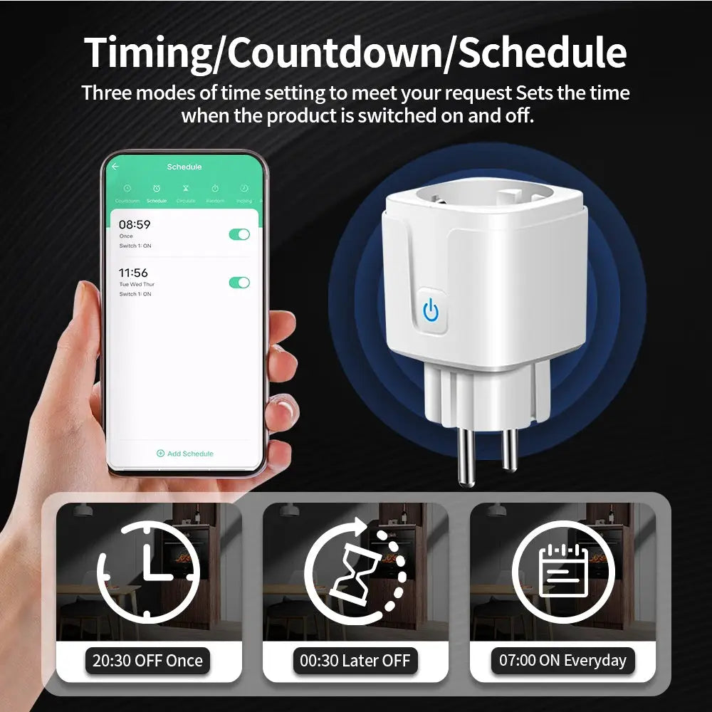 Simples Market TNCE TUYA EU Smart Plug with power monitor; white socket with mobile scheduling shown.