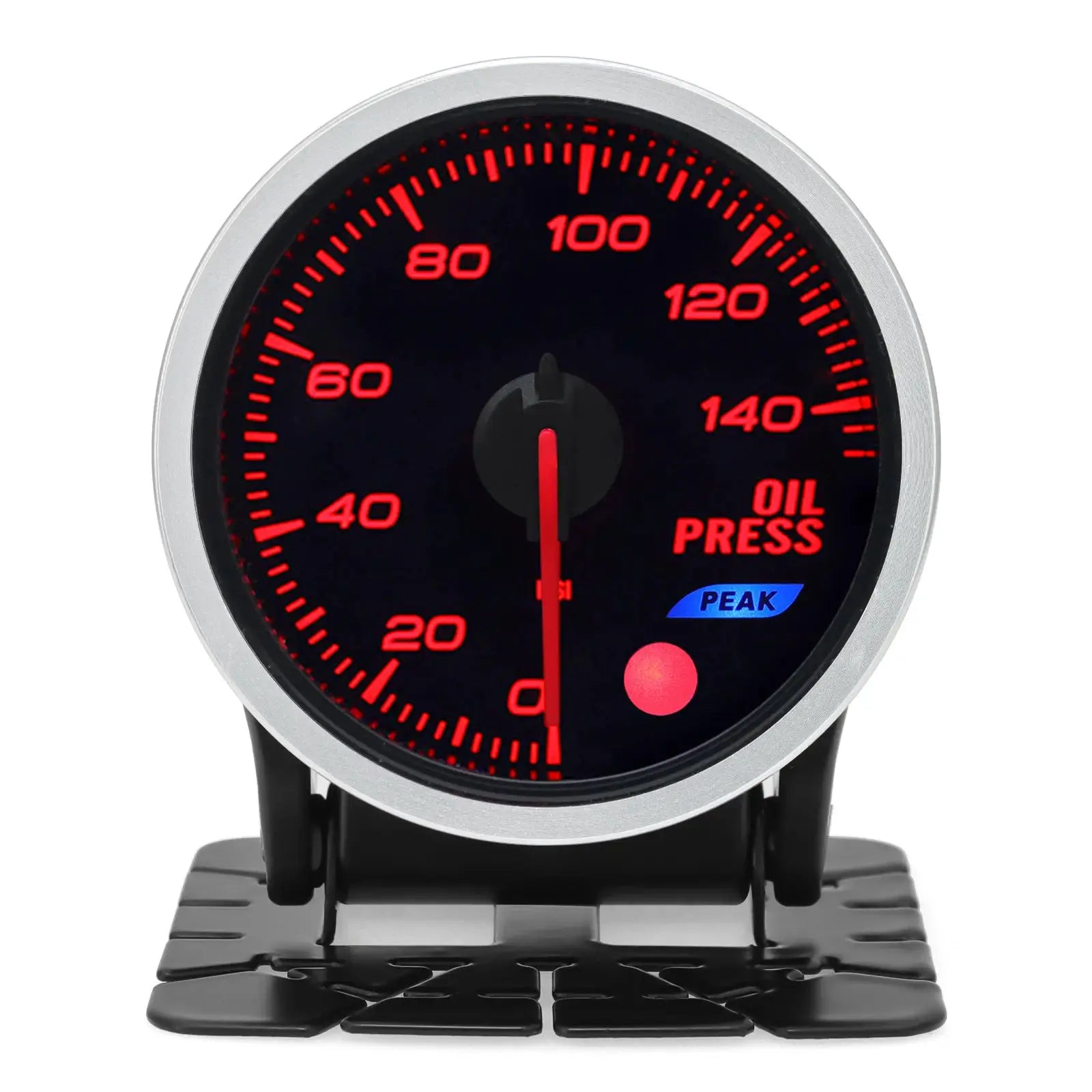 52mm universal auto gauge with red backlit dial and silver bezel showing oil pressure