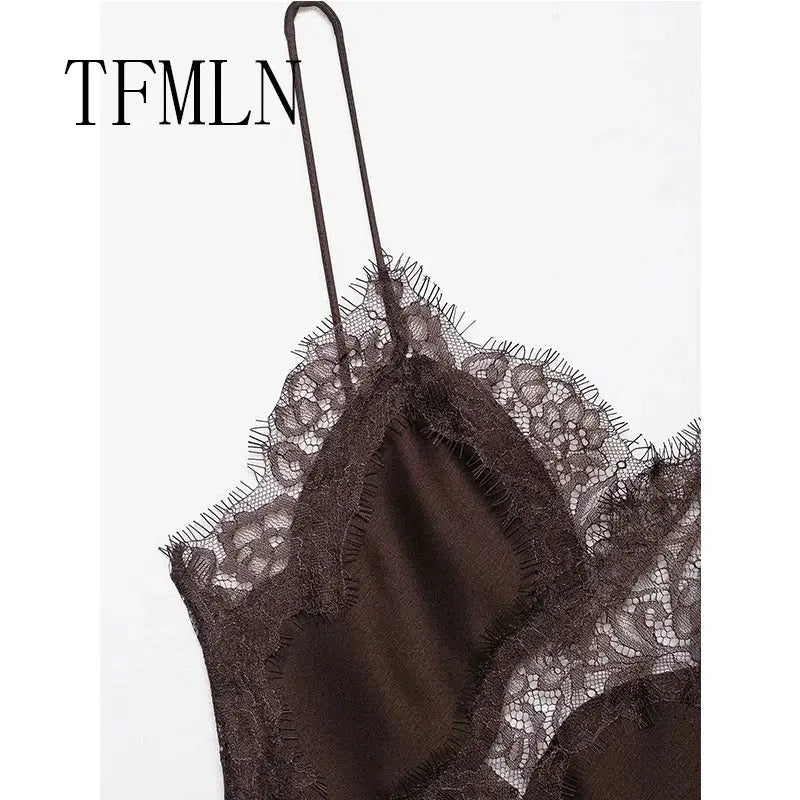 TFMLN Women Sexy Lace Splicing Dresses Slimming Silhouette With Asymmetrical Neckline And Backless Design