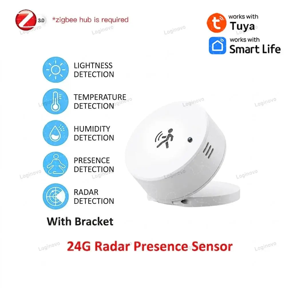 24G radar presence sensor with bracket, white round PIR motion detector compatible with Tuya Smart Life ZigBee 3.0.
