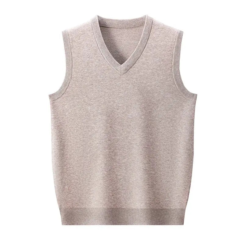 Men's beige knit sleeveless sweater vest with V-neck and ribbed trim