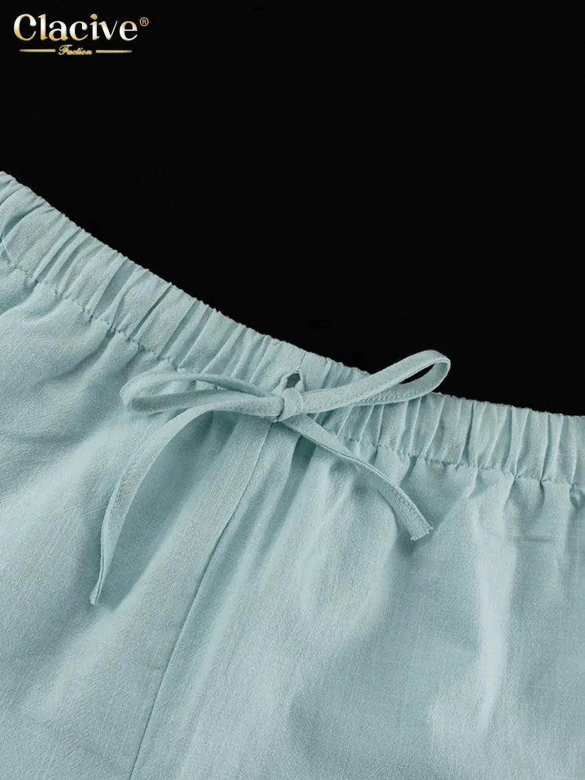 Blue Cotton Two Piece Set Women With Long Sleeve And High Waist Shorts