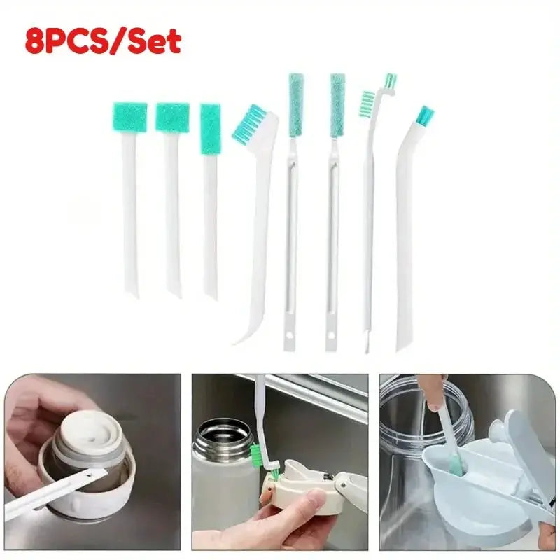 8-piece cleaning brush set with white handles and turquoise bristles for bottles, windows and crevices