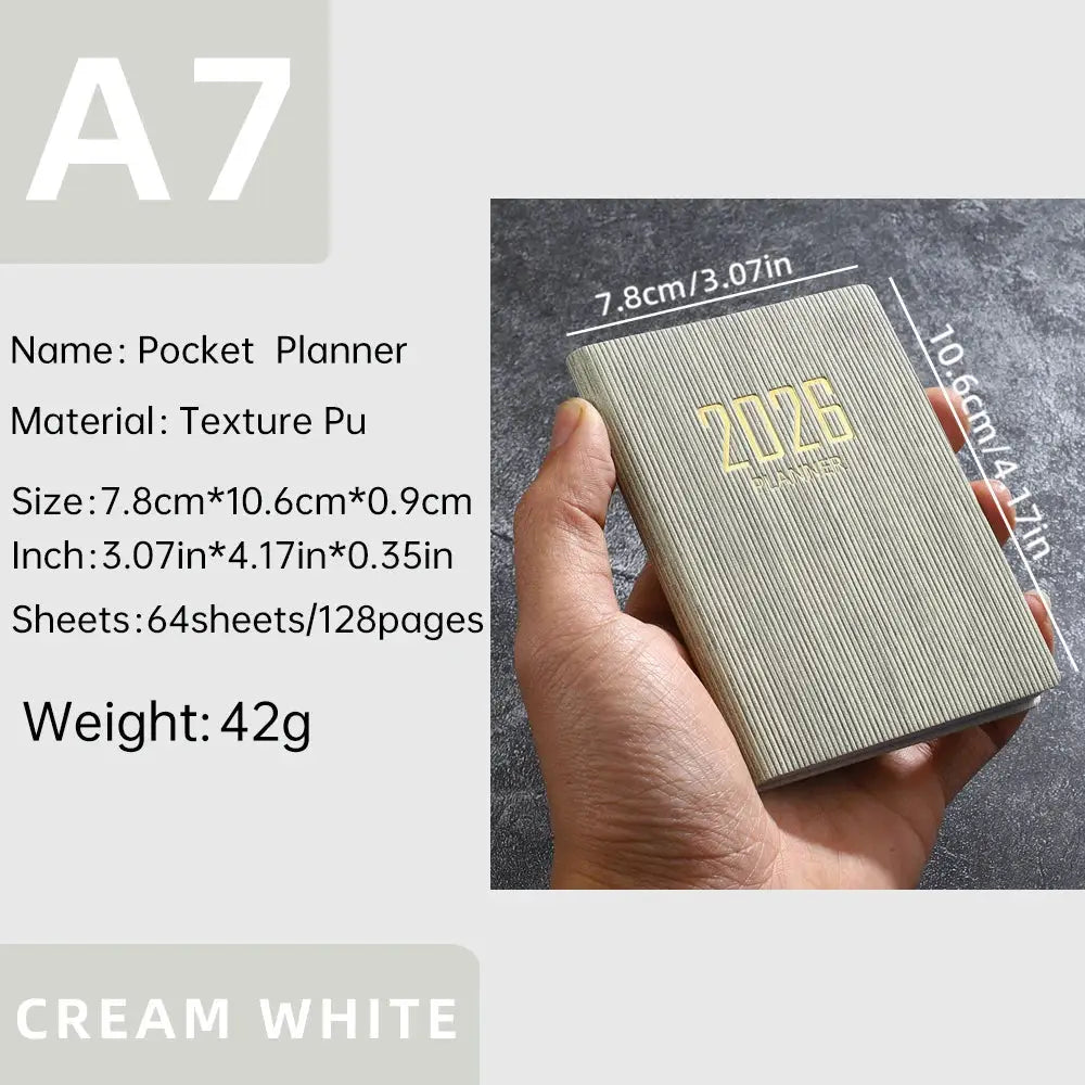 Pocket planner A7 2026 cream white textured cover, 64 sheets/128 pages, Simples Market