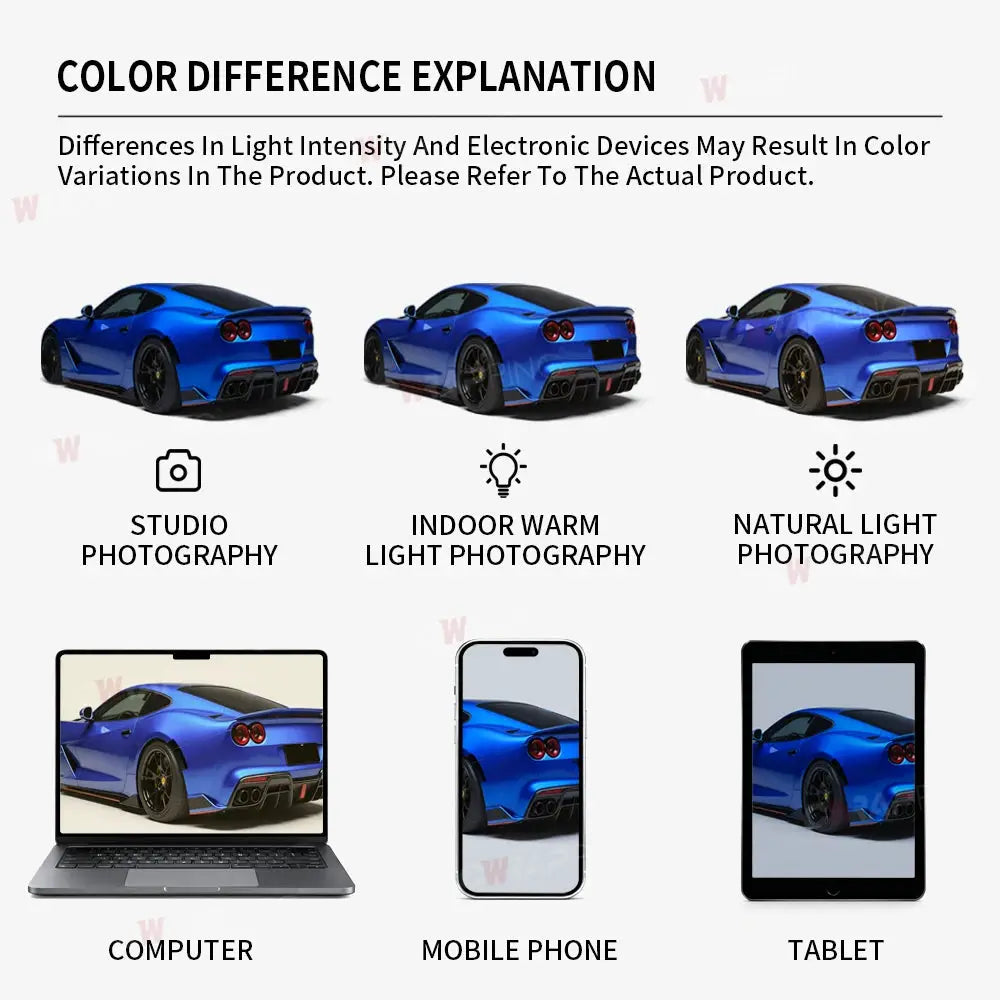 Glossy yellow car wrap film by Simples Market for DIY auto tuning; shown on computer, mobile phone, and tablet.