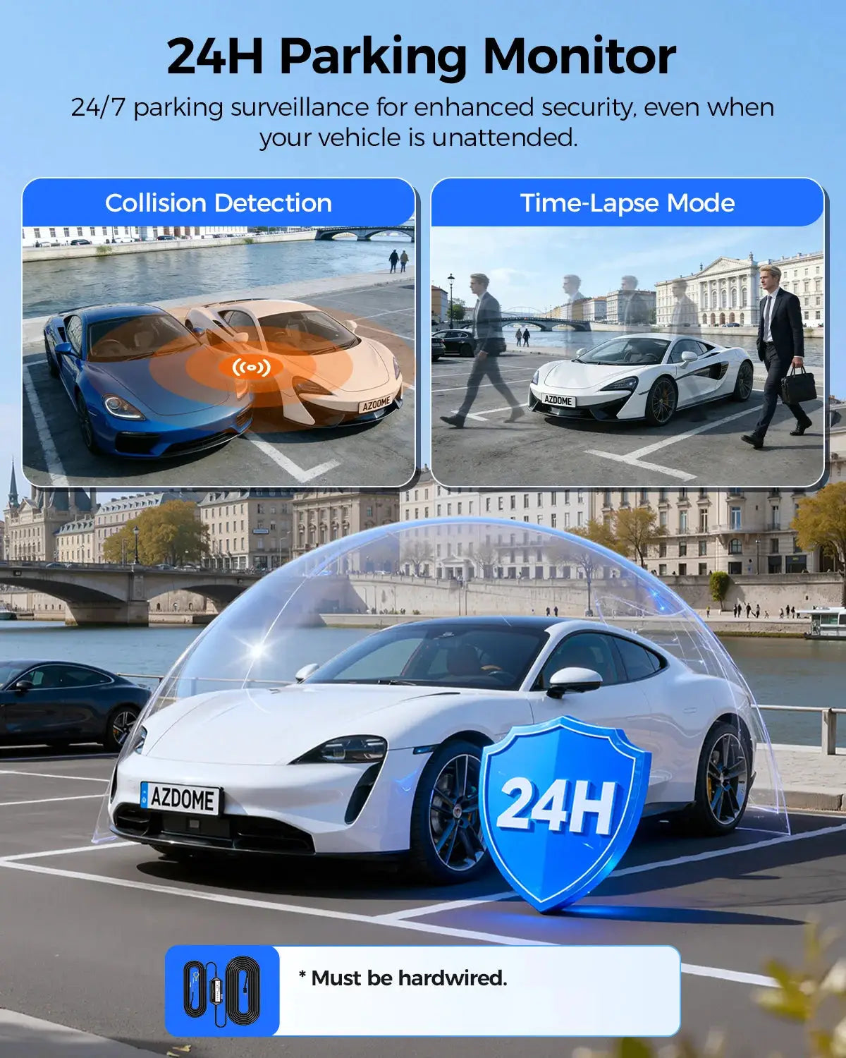 AZDOME M550 Pro dash cam by Simples Market; white and blue cars in a 24H parking monitor scene with collision detection