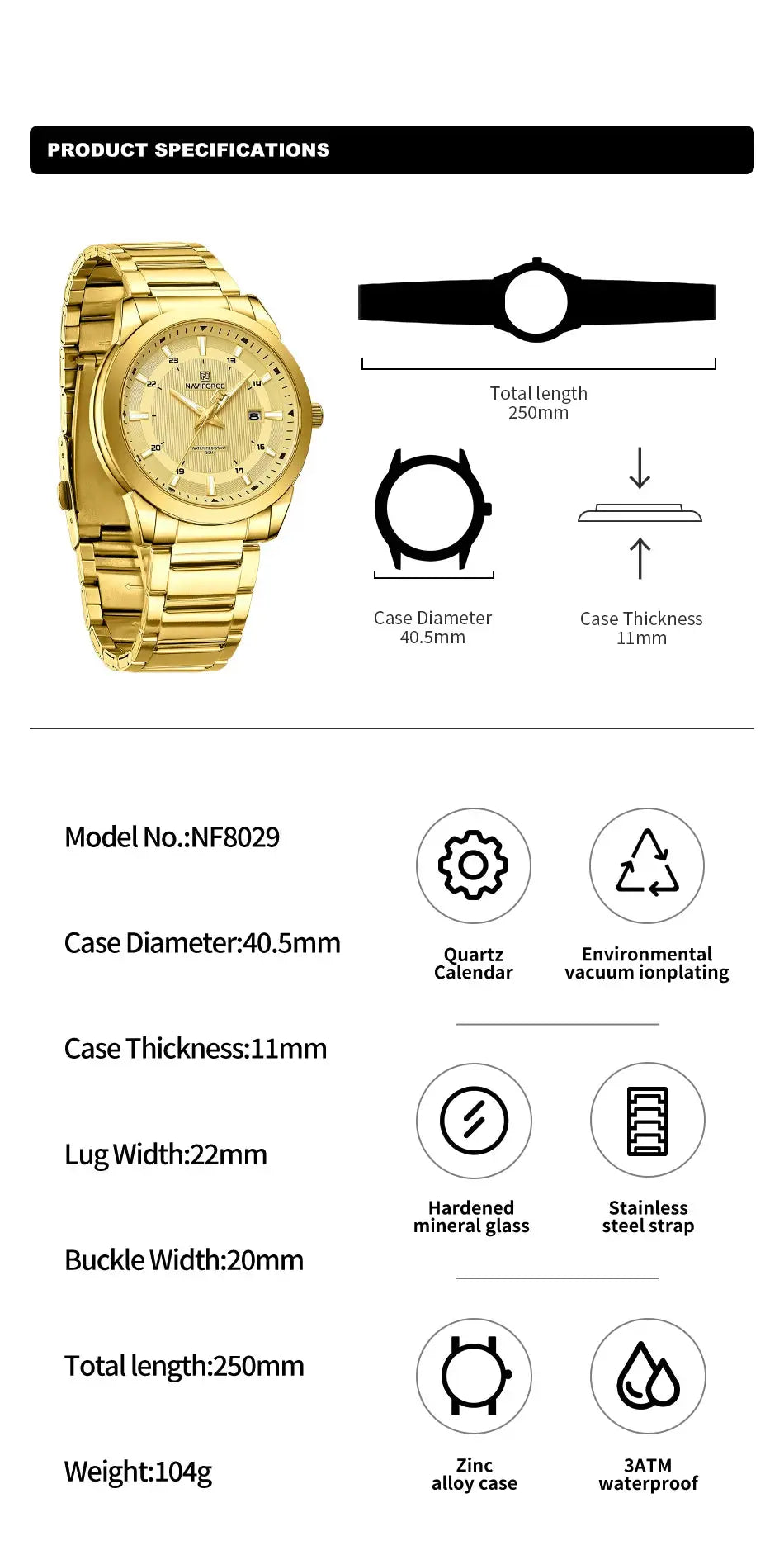 NAVIFORCE men's gold-tone stainless steel wristwatch with date, quartz movement, 40.5mm case, 11mm thick, 250mm band