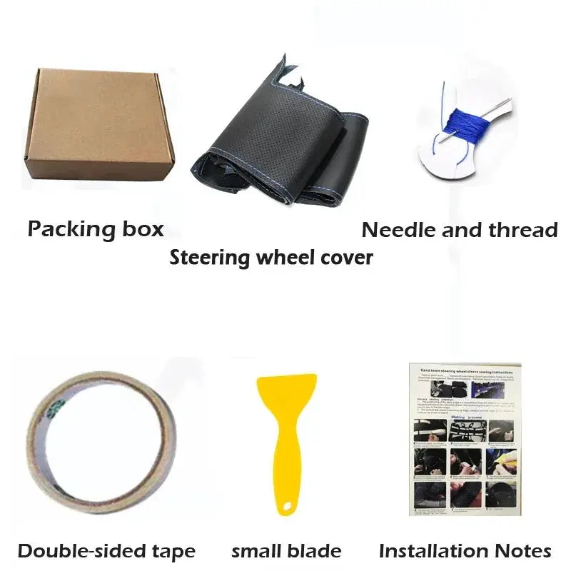 Steering wheel cover braid leather DIY kit, 6-piece with tape, needle, blade, and installation notes
