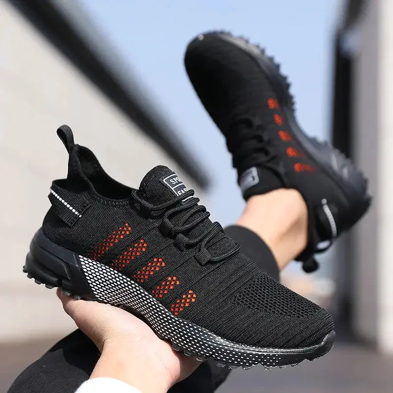 Men casual sneakers, black mesh with orange accents, lightweight breathable Simples Market trainers (2 shoes)