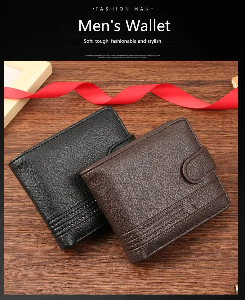 Pair of men's leather slim bifold wallets in black and brown with stitched detailing