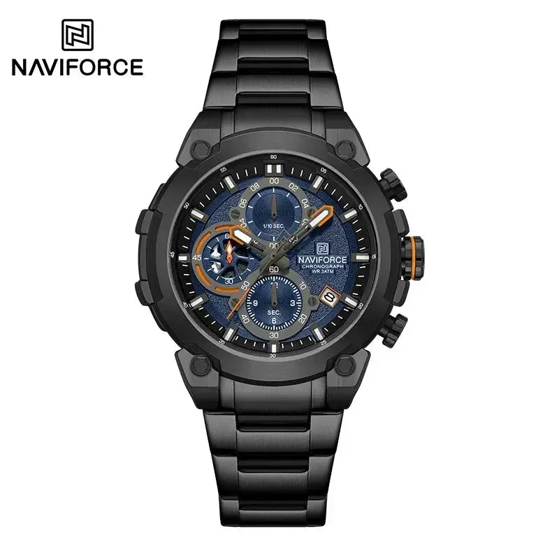 NAVIFORCE men's military chronograph watch with blue dial and black stainless steel band