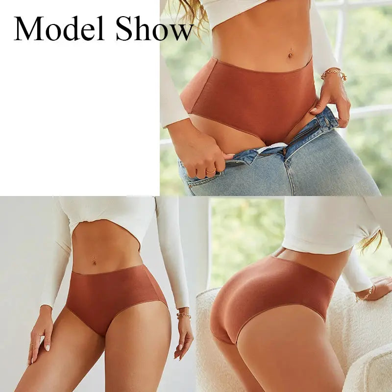 4-piece rust-brown cotton high-waist seamless panties set, plus-size