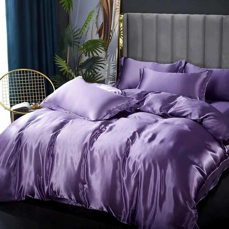 Simples Market silk satin bedding set in lavender purple with duvet cover, sheets and pillowcases.