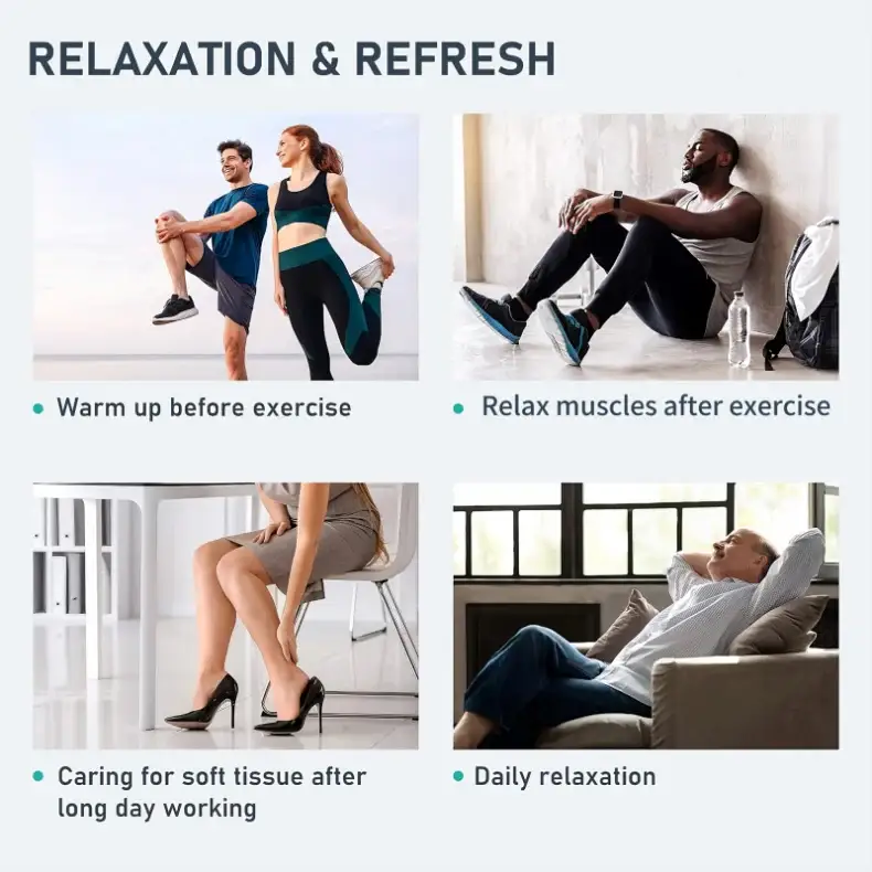 Air Pressure Leg Massager Boots by Simples Market with remote control; 4 photos promoting relaxation.