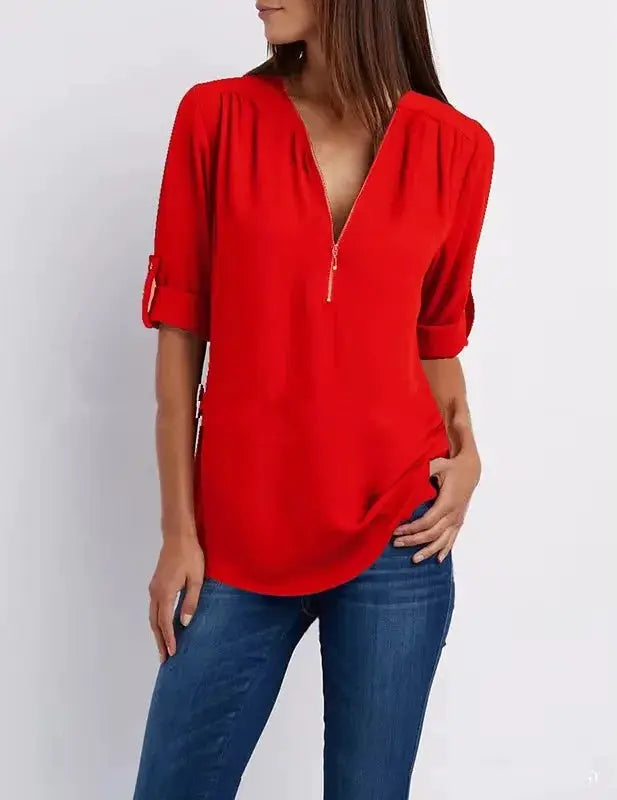 Women's red chiffon blouse with a deep V-neck, front zipper, rolled 3/4 sleeves, plus-size loose fit