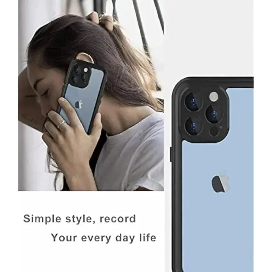 Full-sealed IP68 clear waterproof phone case for iPhone 11–16, Simples Market, black bumper
