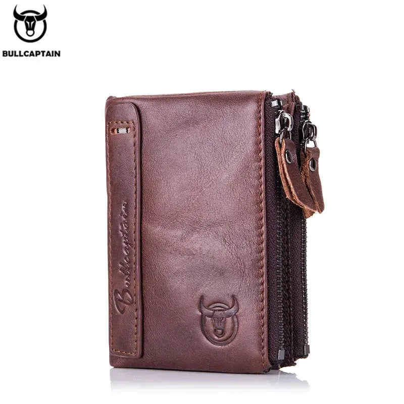 BULLCAPTAIN retro brown leather men's wallet with dual zipper compartments and embossed bull logo