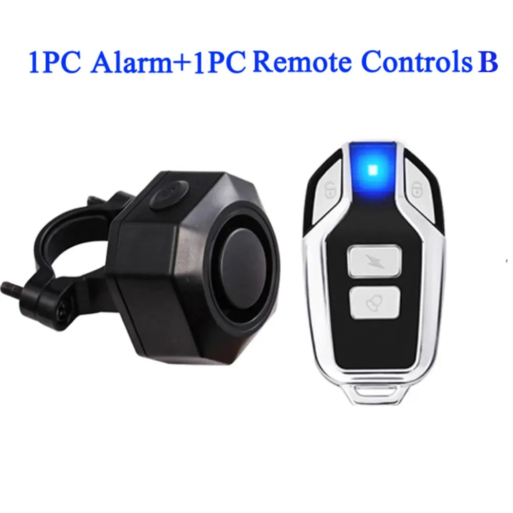 Hollarm wireless bike vibration alarm kit with USB charging; black alarm module and silver remote with blue LED