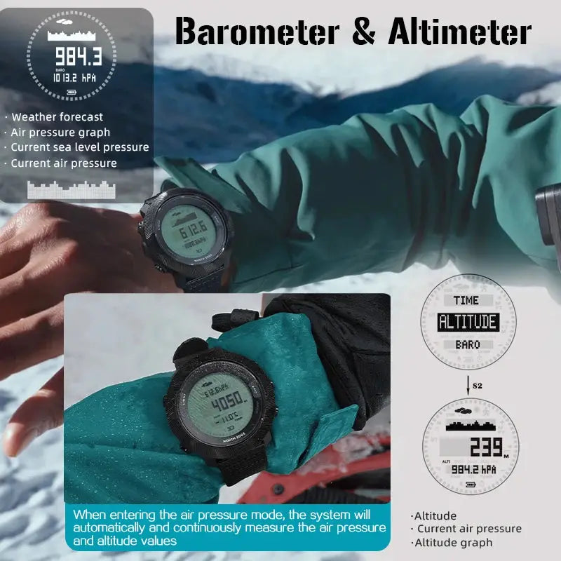 North Edge Apache-D digital watch, black, by Simples Market; two outdoor watches with altimeter and barometer.