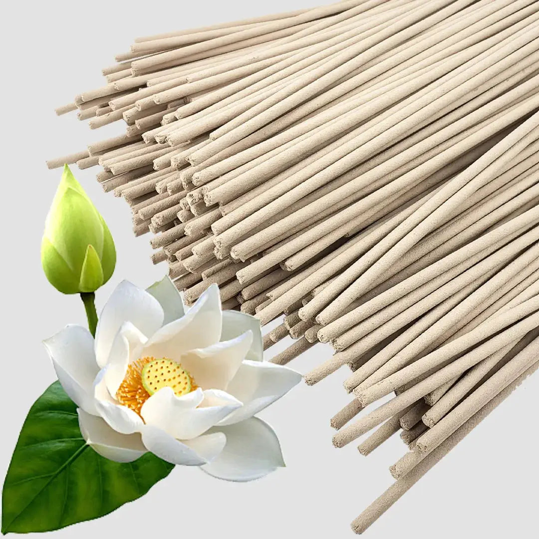 White Lotus Incense Sticks 8.7 Inch Bamboo Core Off White Natural Materials Lotus Scent Pack Sizes 20 100 222 410
