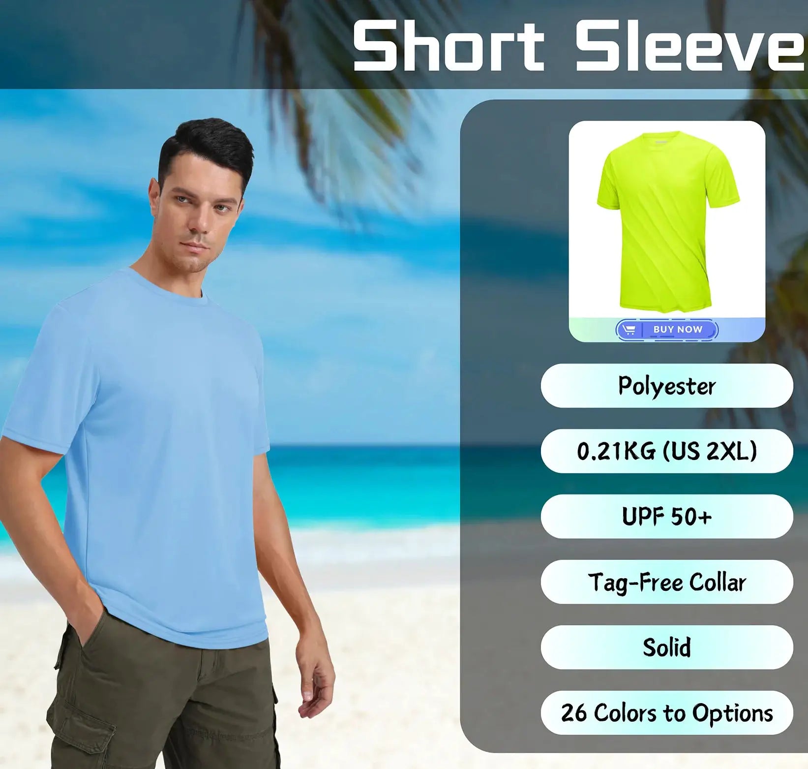 Two men's short-sleeve T-shirts (light blue and neon lime) on a beach; polyester fabric, Simples Market