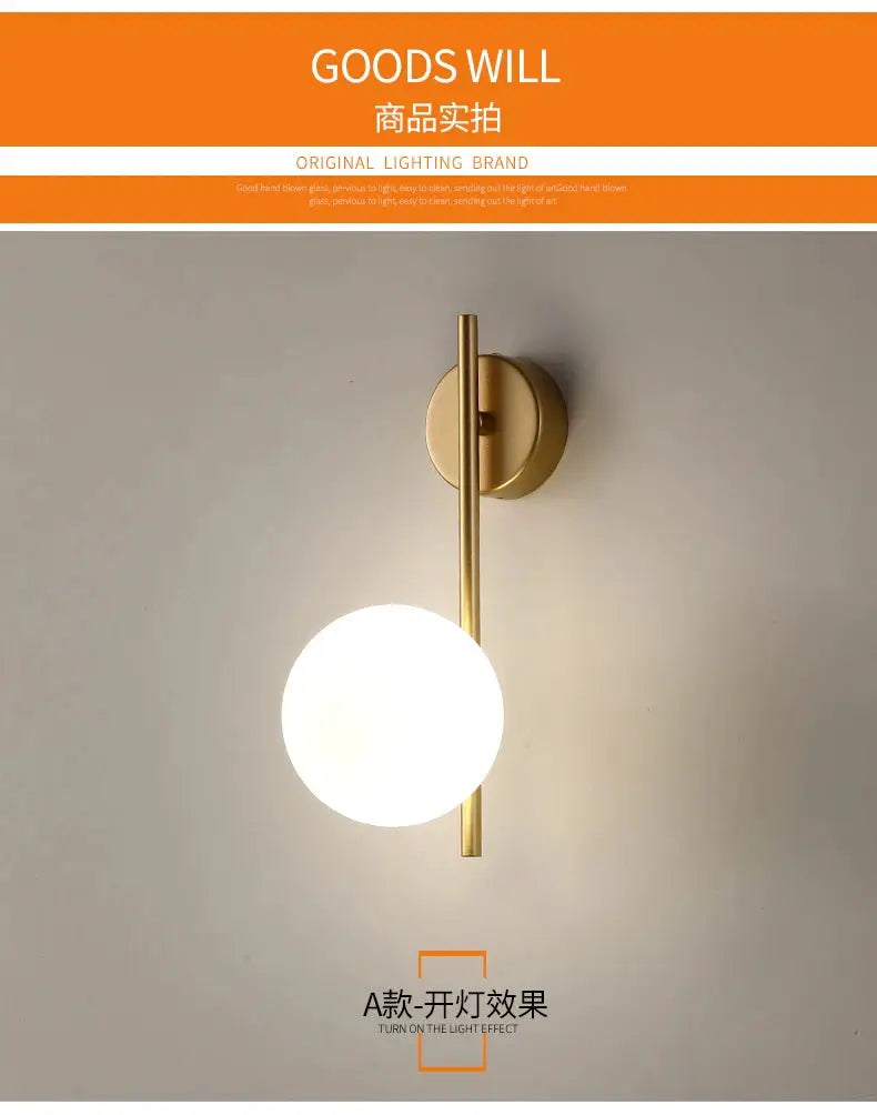 USB rechargeable gold LED glass wall lamp with remote dimming; modern bedside sconce.