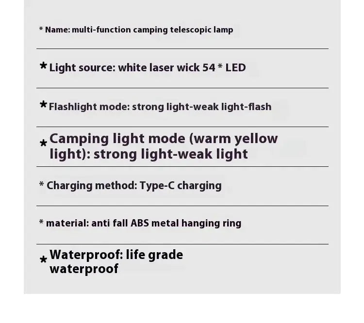 Simples Market multi-function camping telescopic lamp with 54 LED, Type-C charging, ABS metal hanging ring, waterproof