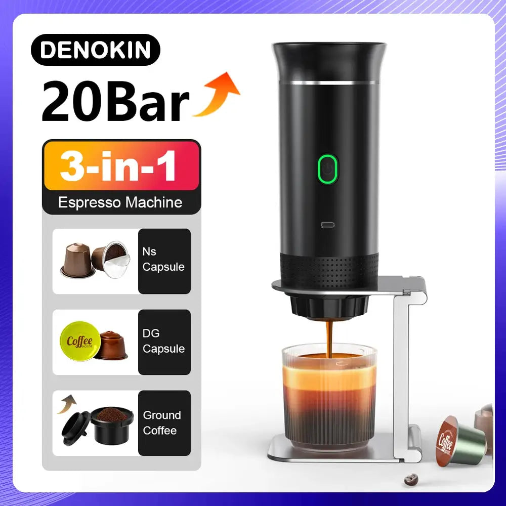 DENOKIN Wireless Electric Portable Espresso Coffee Machine for Car Home Camping 3 In 1 Capsule Powder Maker