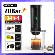 DENOKIN Wireless Electric Portable Espresso Coffee Machine for Car Home Camping 3 In 1 Capsule Powder Maker