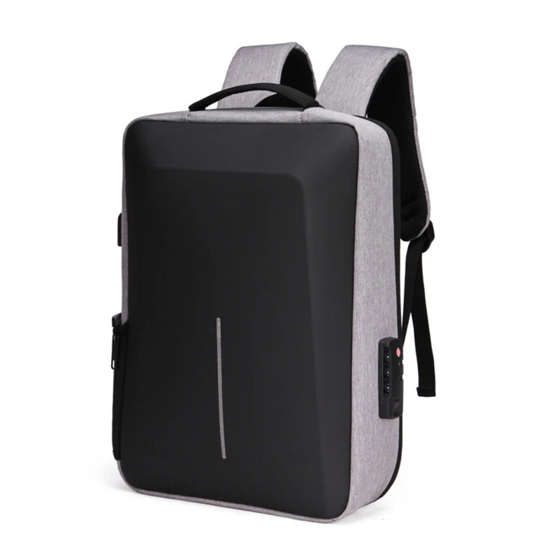 Men's casual hard-shell backpack with gray fabric and black front panel, anti-theft design