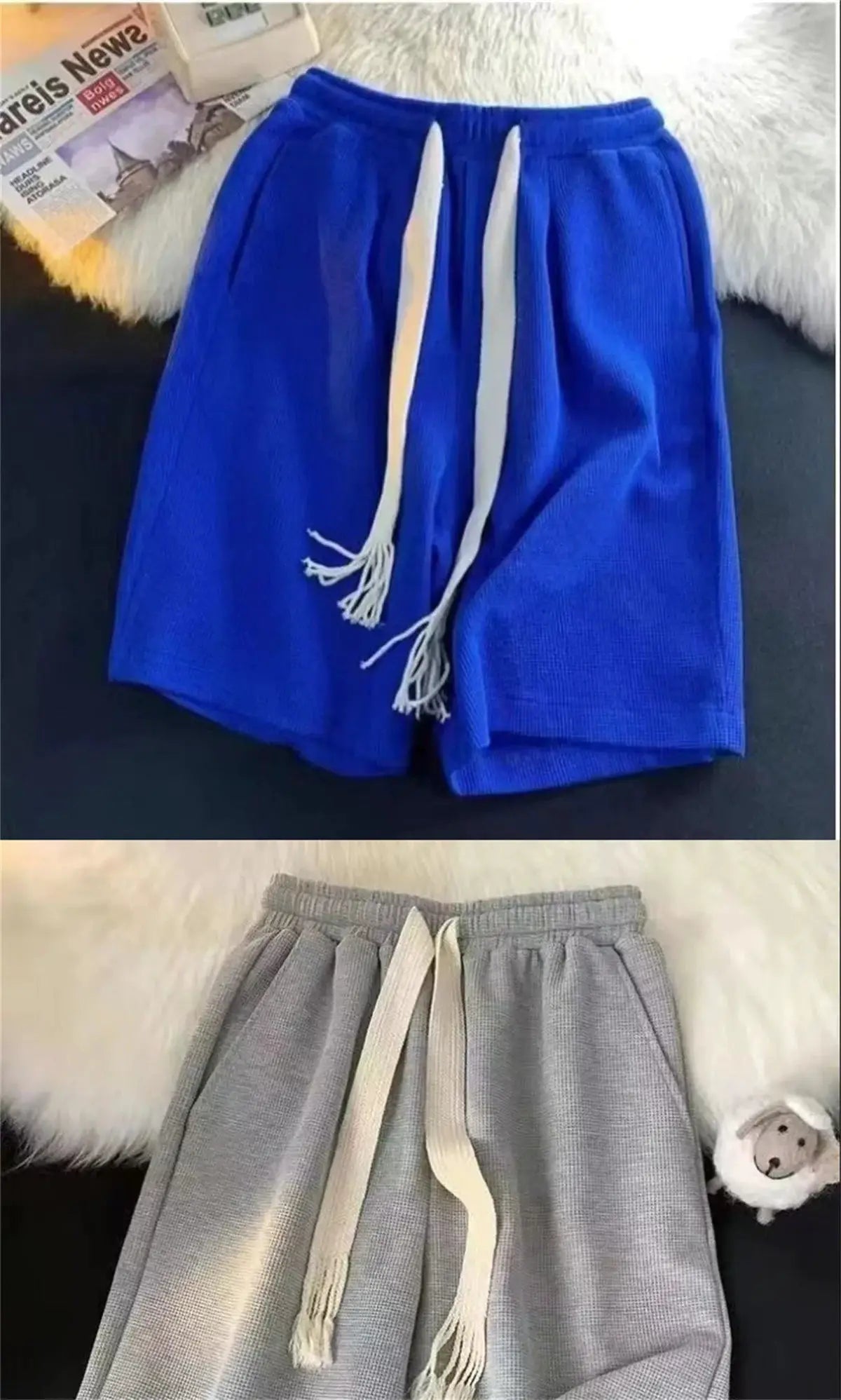 Shorts by Simples Market: blue breathable athletic shorts with white drawstrings and gray lounge shorts with cream ties (set of 2)