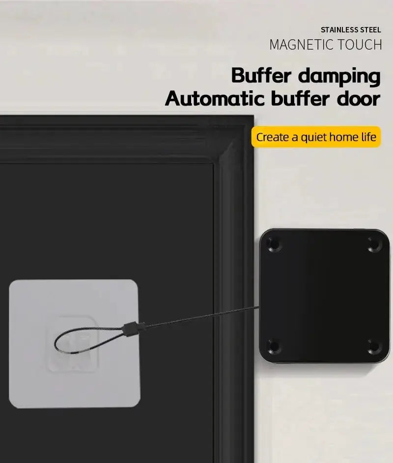 Automatic door closer by Simples Market with magnetic touch; stainless steel finish and black wall plate beside a sliding door.