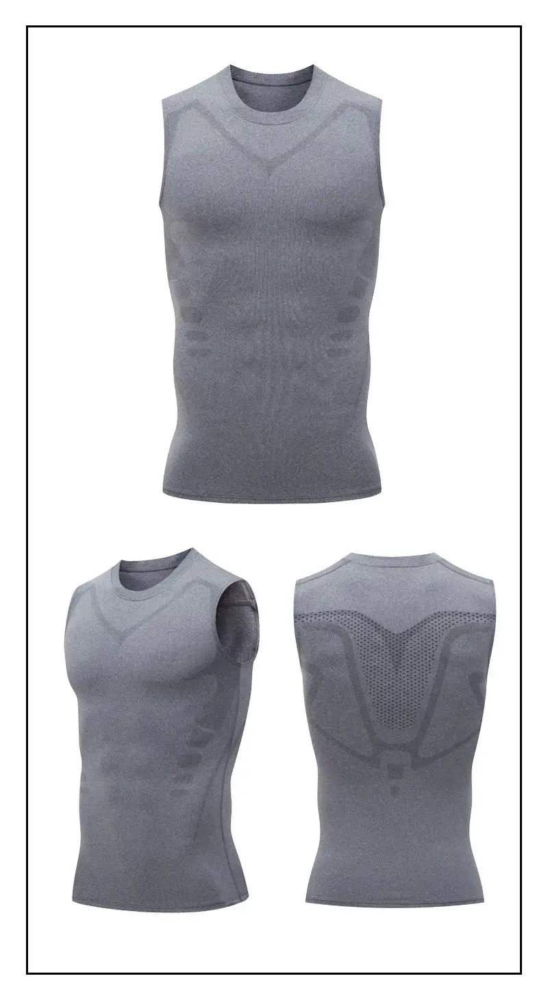 Compression tank top for men gray quick-dry sleeveless gym shirt