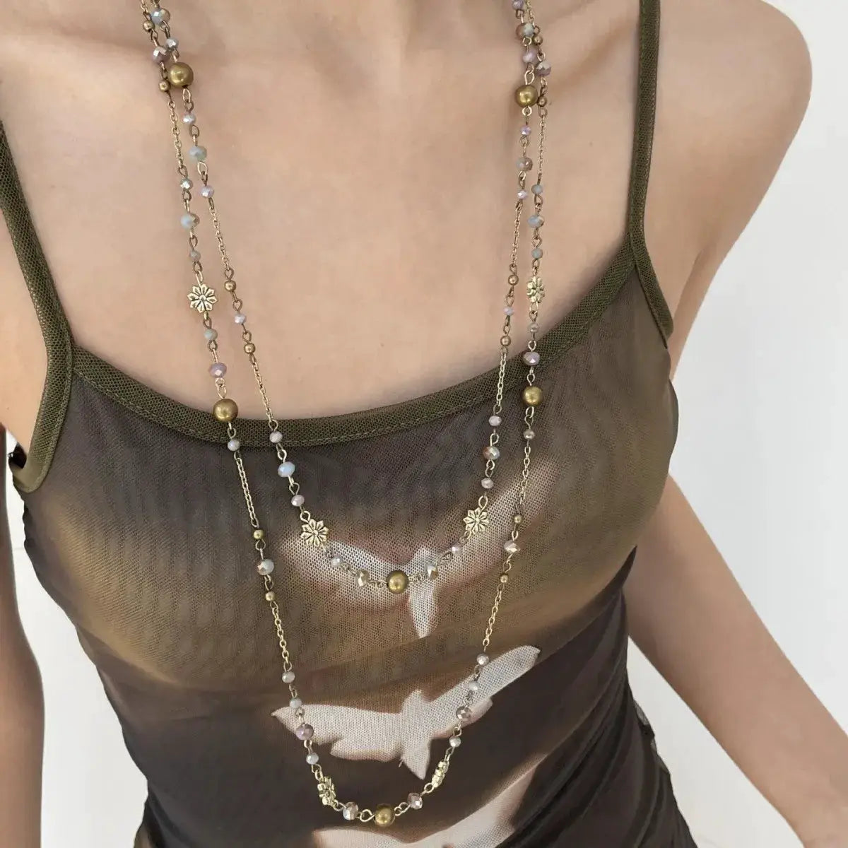 Bohemian Retro Double Layer Chain Necklace For Women Colorful Flower Beads Long Ethnic Style Jewelry