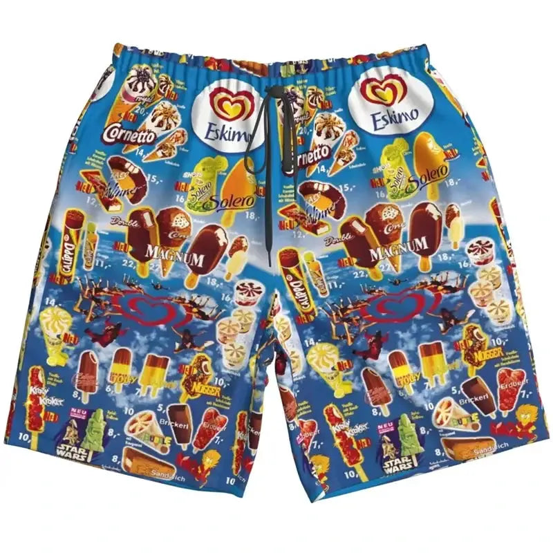 Unisex blue ice-cream print shorts; beachwear with Eskimo and Magnum candy logos