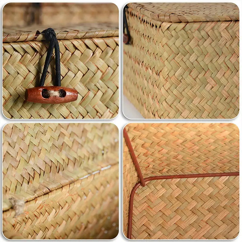 Storage basket with lid, rectangular handmade seagrass rattan makeup organizer in natural color.