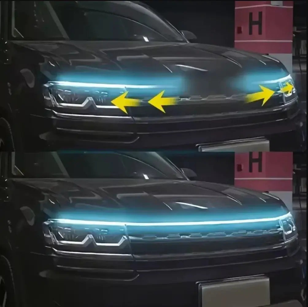 Dynamic meteor LED car hood light strip, 1pc universal fit, blue running light across the front grille, Simples Market
