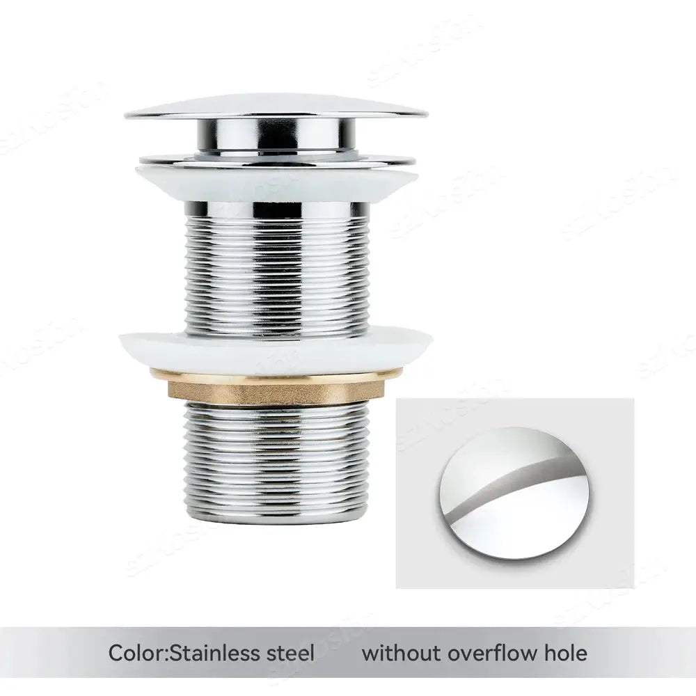 Pop-up bathroom sink drain plug by Simples Market in stainless steel with brass ring and white gasket