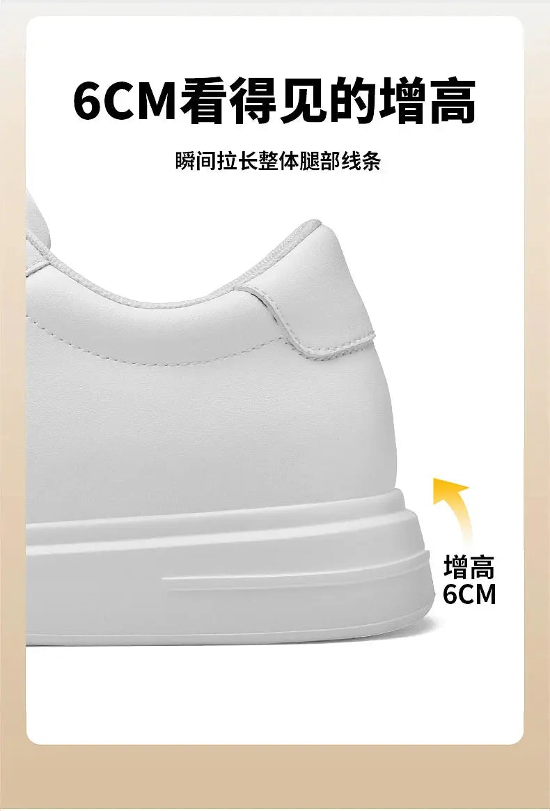 Men's white leather sneakers with a 6cm height-increasing insole