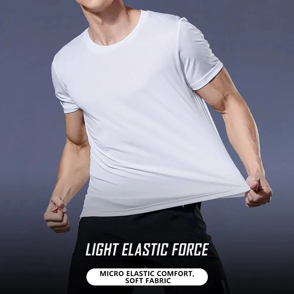 Men's white quick-dry short-sleeve gym t-shirt, moisture-wicking, lightweight, round-neck.