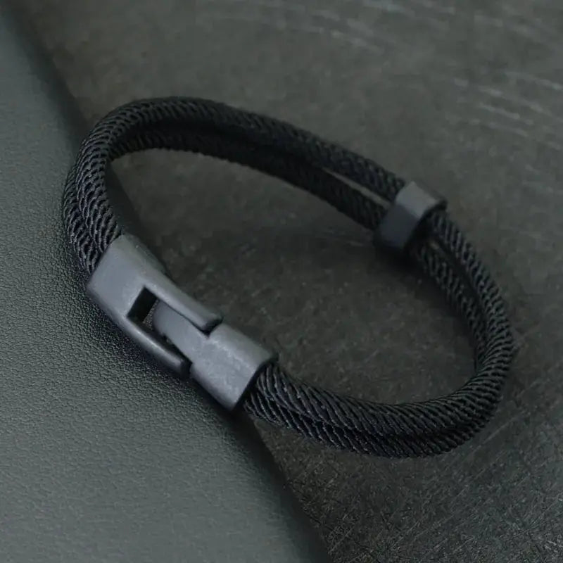 Mens double-layer black rope bracelet with detachable zinc alloy clasp