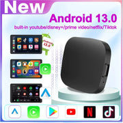 Android 13 TV Box by Simples Market, black streaming media box with CarPlay, Android Auto, and Play Store.