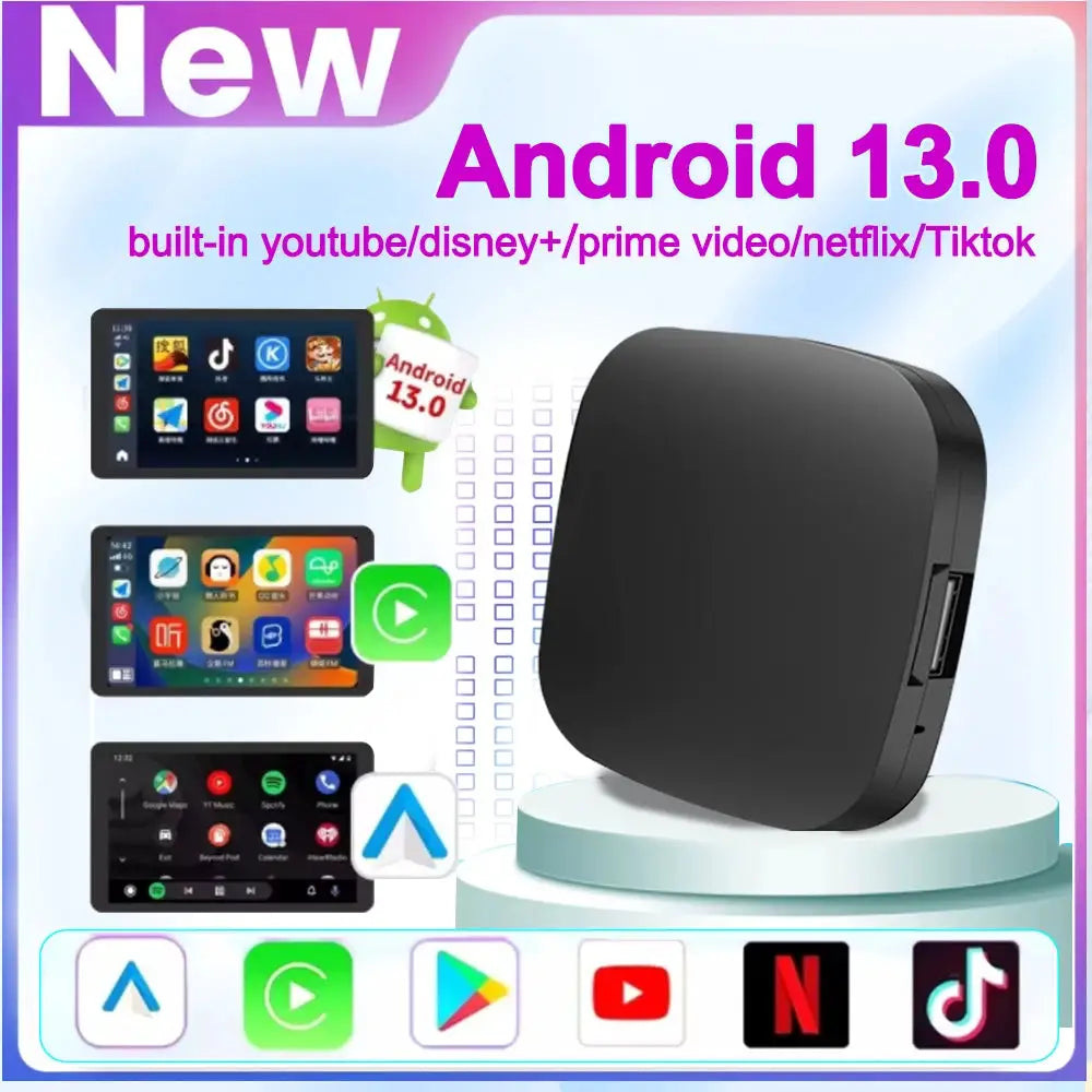Android 13 TV Box by Simples Market, black streaming media box with CarPlay, Android Auto, and Play Store.