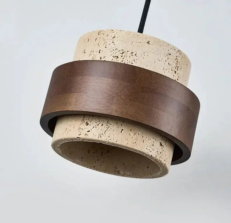 Japanese wabi-sabi bar pendant lamp with beige speckled concrete and a brown band