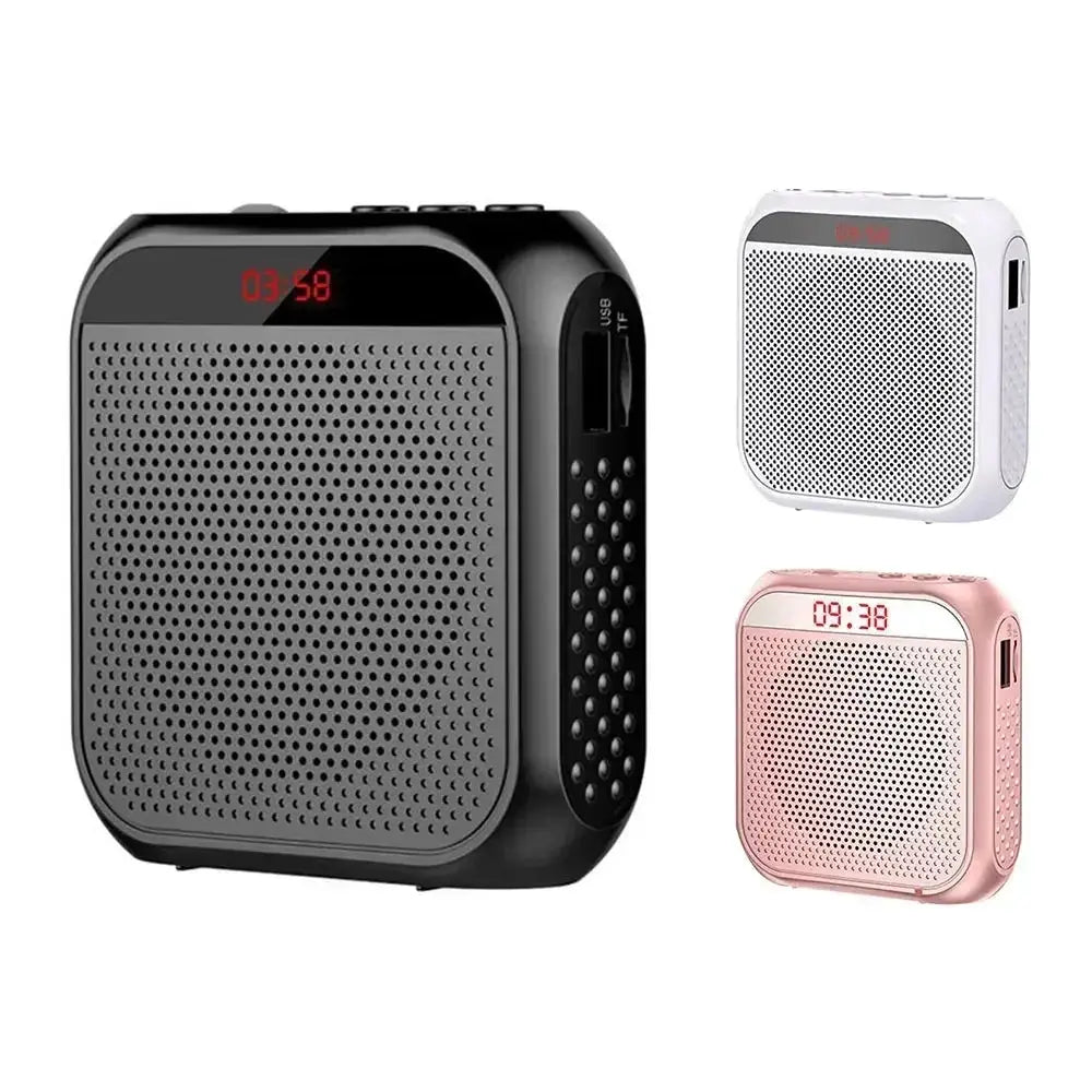 XIKCU portable voice amplifier megaphone with microphone; three color variants: black, white, and rose gold.