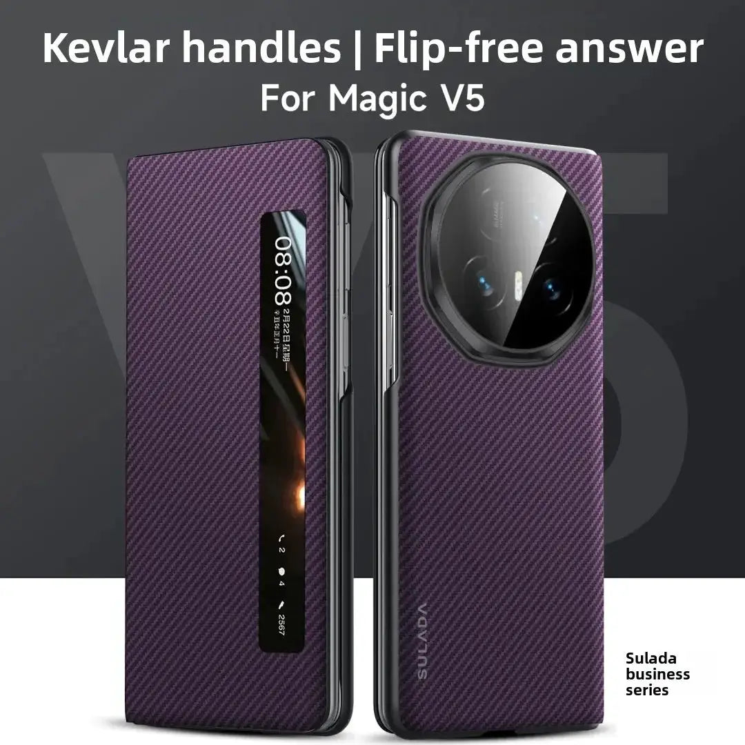 Two Simples Market purple carbon-fiber flip phone cases for Honor Magic V5 with video window and round camera cutout